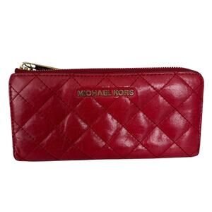 Michael Kors Susannah Quilted 3/4 Zip Around Red Leather Continental Wallet